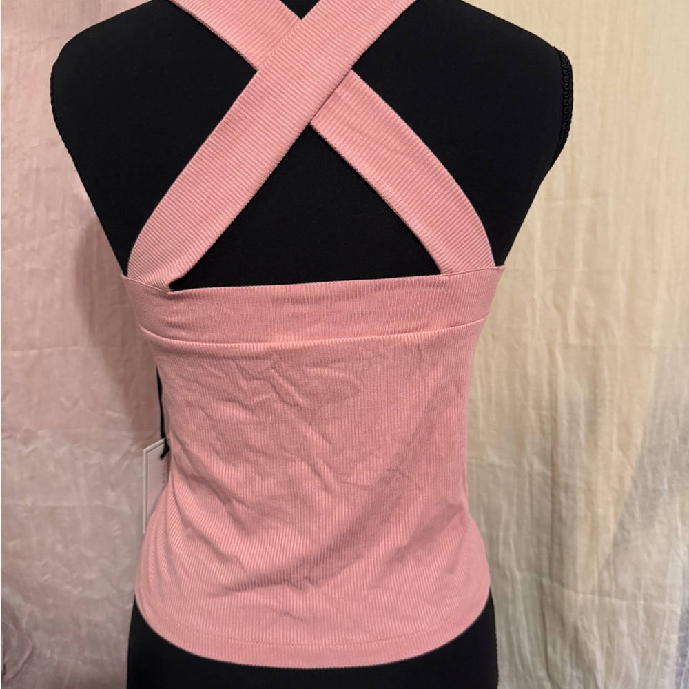 1. State Pink Ribbed Cross-Neck Tank - Picture 2 of 2